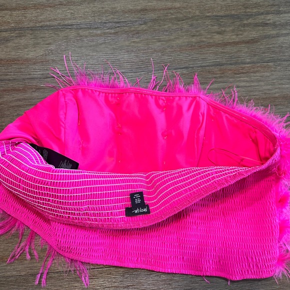 Nasty Gal Bright Pink Feather Trim Smocked Tube Crop Top Festival Party Women 18 - Picture 6 of 9